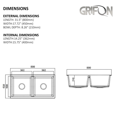 ARIEL 31" GGS 931 - Granite Sink 31" - Double Bowl Undermount - Kitchen Sink
