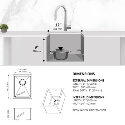 Eterna™ GS303 - Stainless Steel 14-in Single bowl Undermount Standard Kitchen sink with accessories
