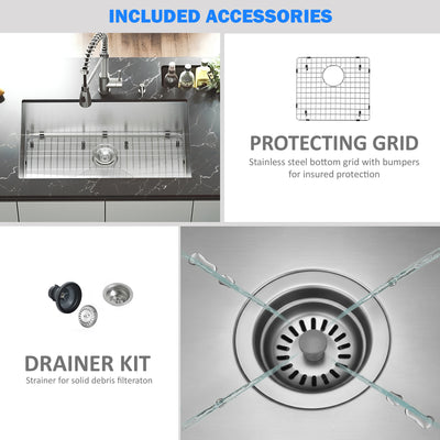 Eterna™ GS319 - Stainless Steel 28" Single bowl Undermount Standard Kitchen sink with accessories