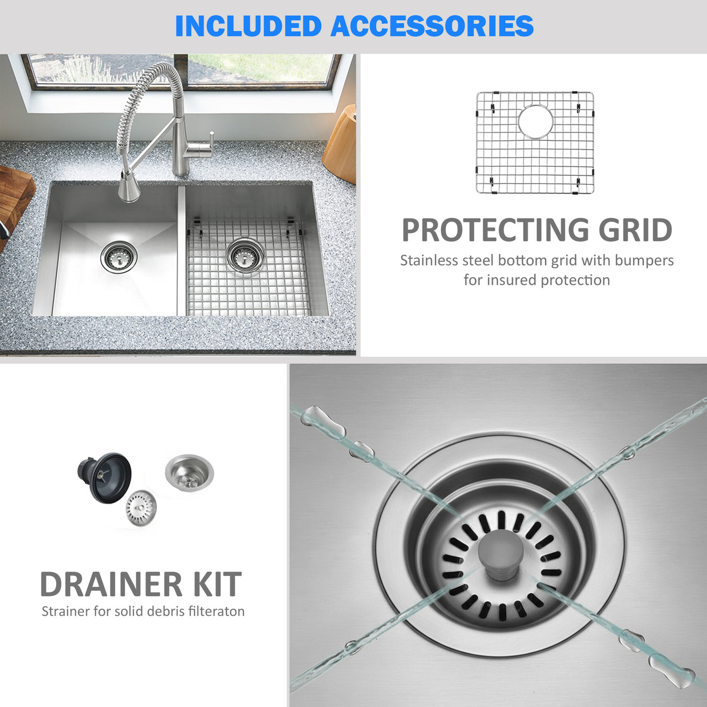 Eterna™ GS312 - Stainless Steel 32" Double bowl 50/50 Undermount Standard Kitchen sink with accessories