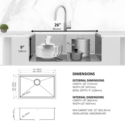 Eterna™ GS319 - Évier de cuisine standard à montage sous plan à une seule cuve de 28 po en acier inoxydable avec accessoires