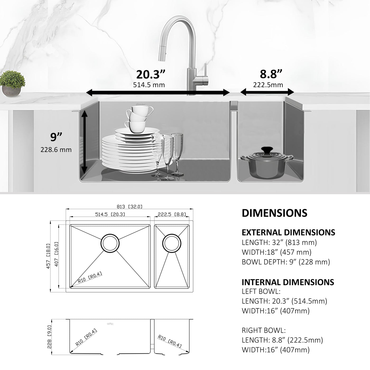 Eterna™ GS311 - Évier de cuisine standard à montage sous plan 70/30 à double cuve 32" en acier inoxydable avec accessoires
