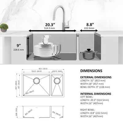 Eterna™ GS311 - Évier de cuisine standard à montage sous plan 70/30 à double cuve 32" en acier inoxydable avec accessoires