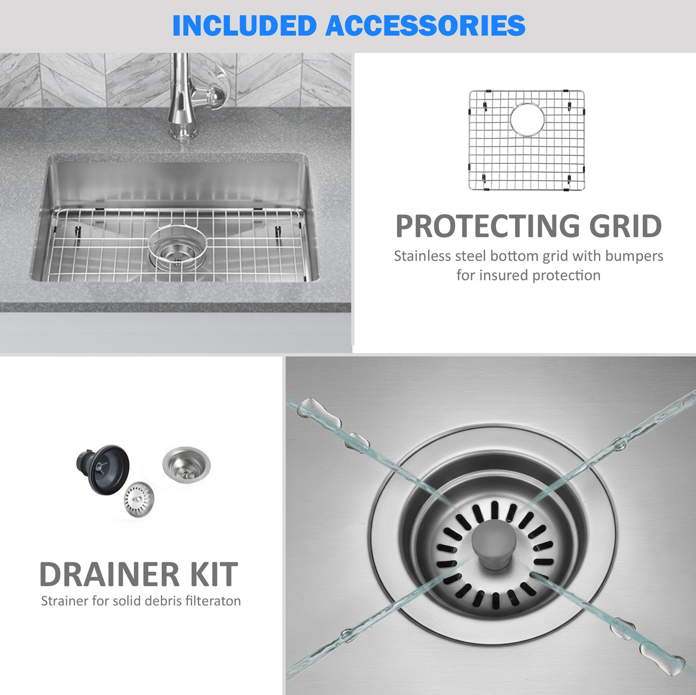 Eterna™ GS330 - Stainless Steel 30" Single bowl Undermount Standard Kitchen sink with accessories