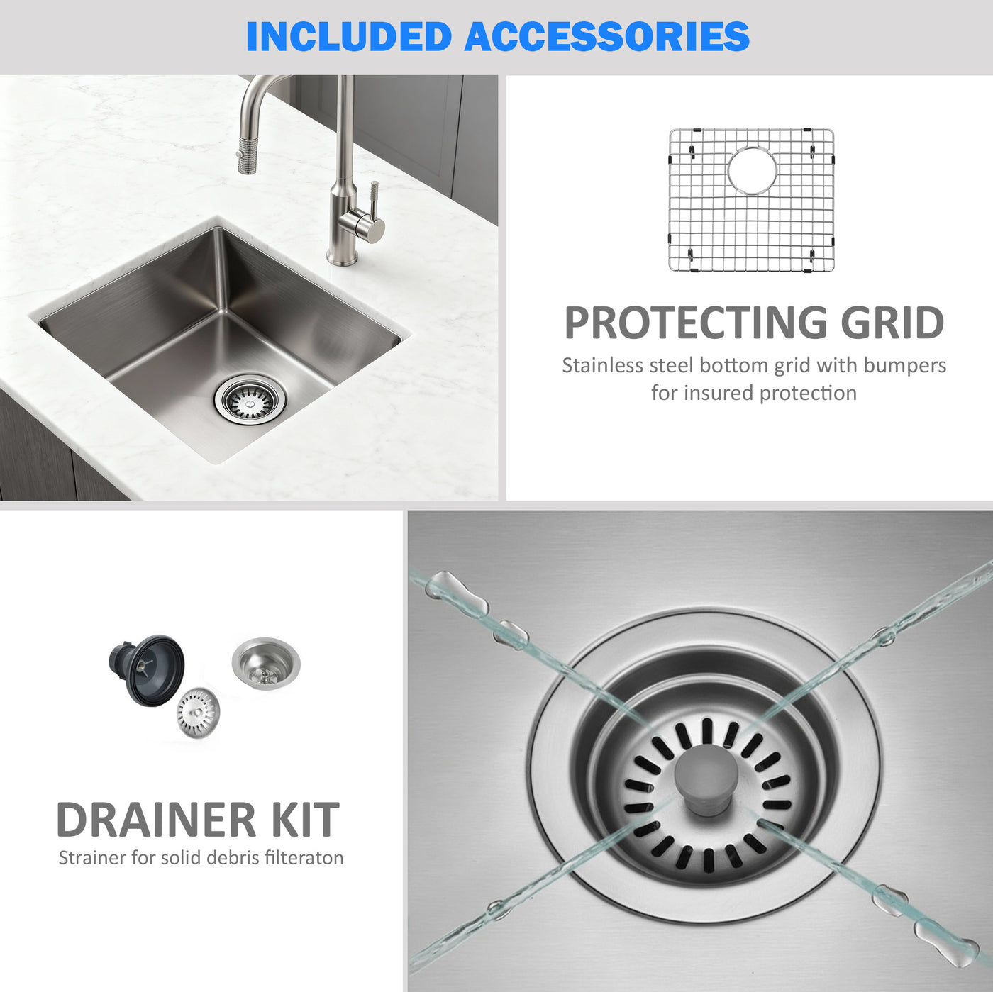 Eterna™ GS308 - Stainless Steel 23" Single bowl Undermount Standard Kitchen sink with accessories