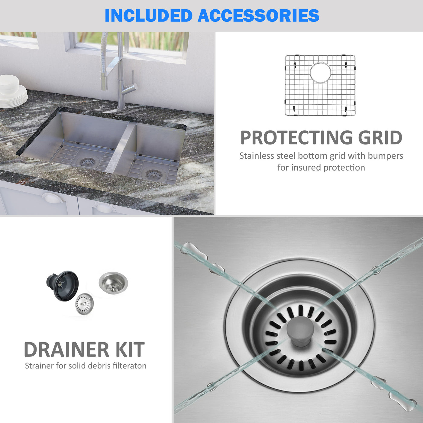 Eterna™ GS328 - Stainless Steel 28" Double bowl 60/40 Undermount Standard Kitchen sink with accessories