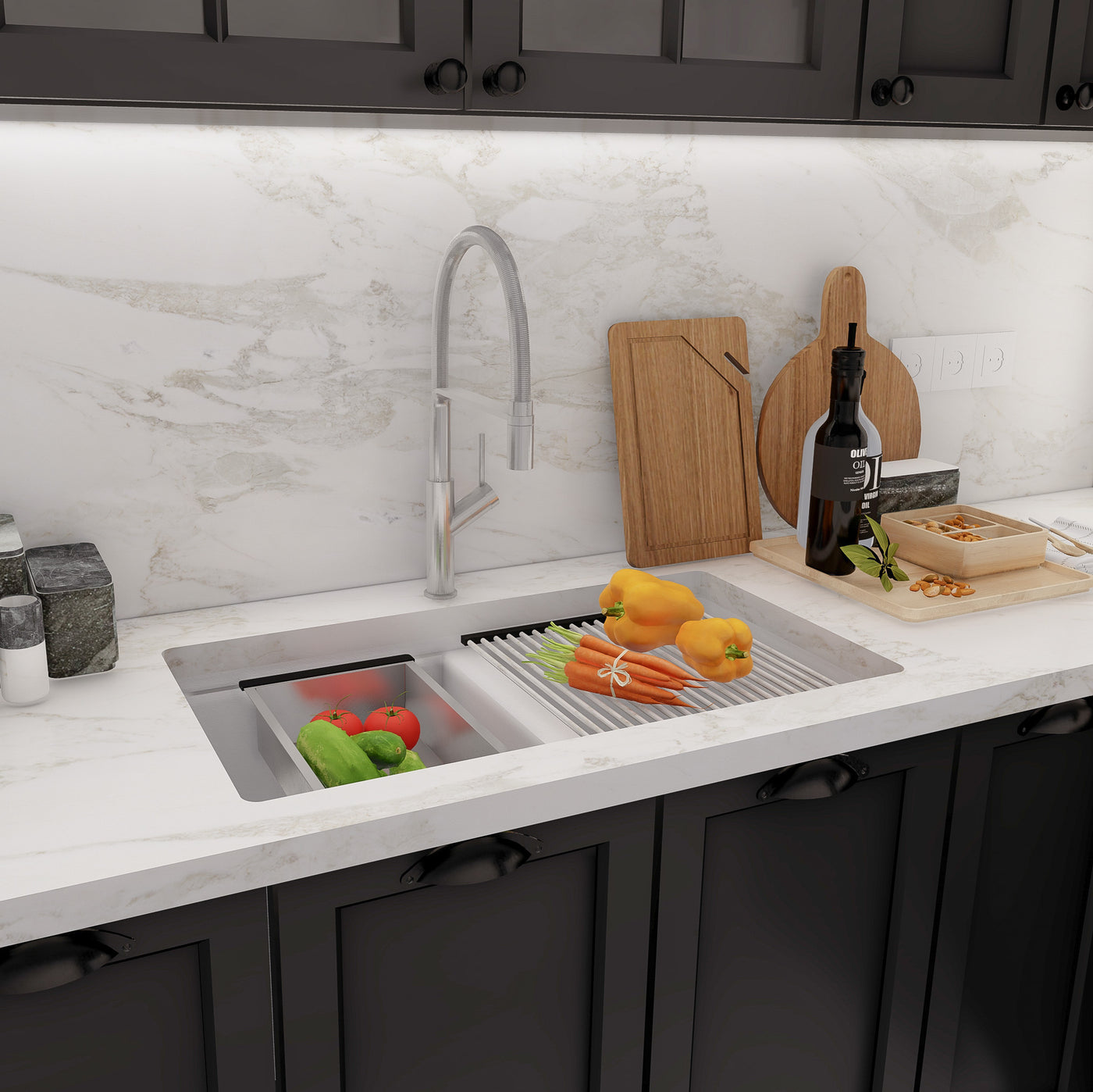 AZUR33™ GGS990 - Granite 33" 50/50 double Bowl Undermount Workstation Kitchen Sink