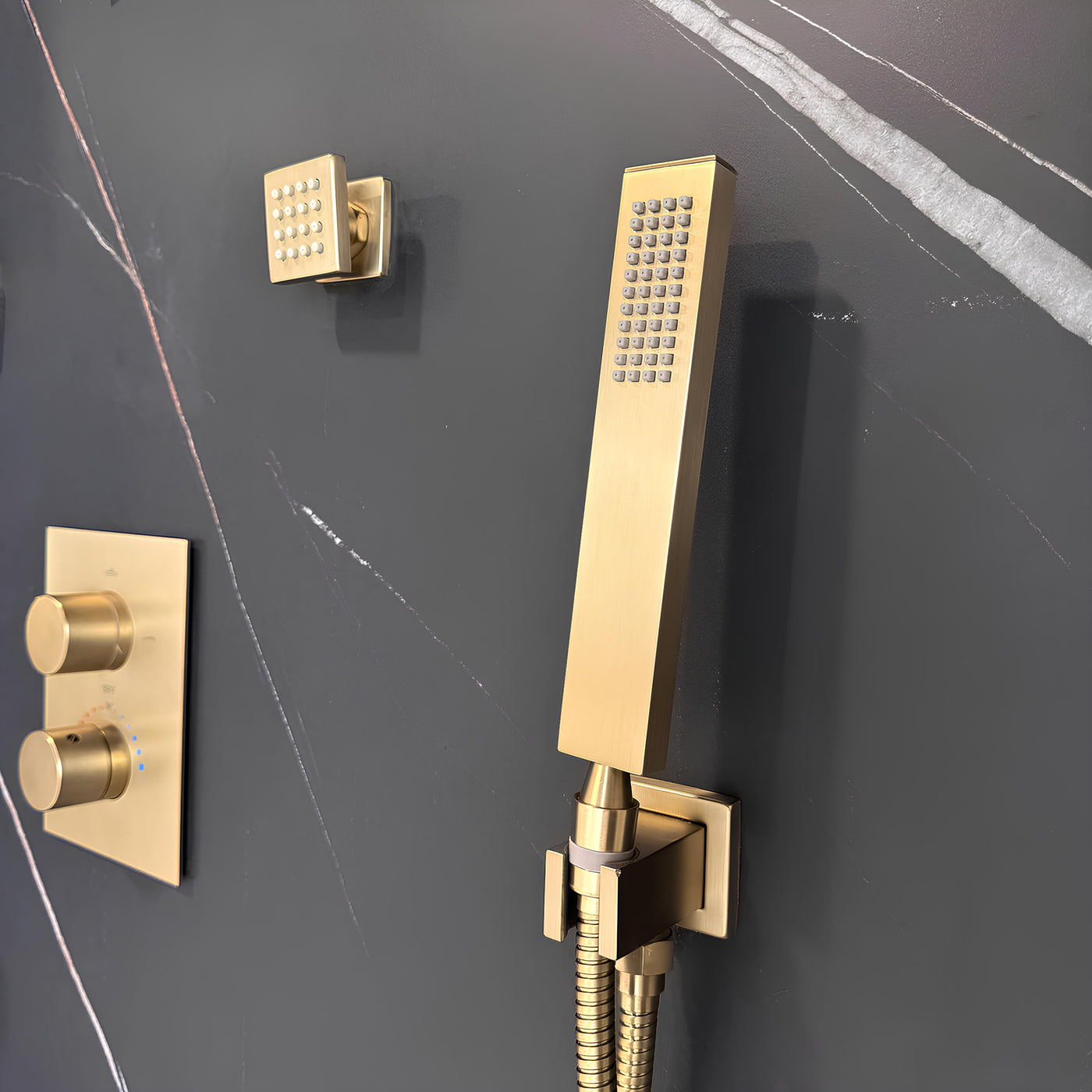 ADRIANNA™ GSS820 – Thermostatic Shower Set – Matte Black - Chrome - Brushed Gold - Wall-Mounted Rain Shower Head with Handheld Spray