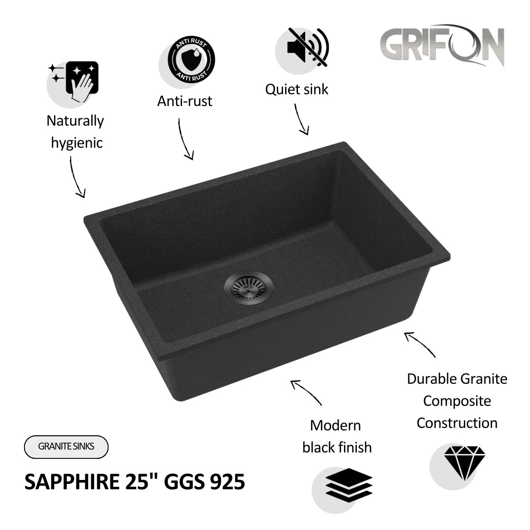SAPPHIRE  25"  GGS 925 - Granite Sink 25" - Single Bowl Undermount - Kitchen Sink