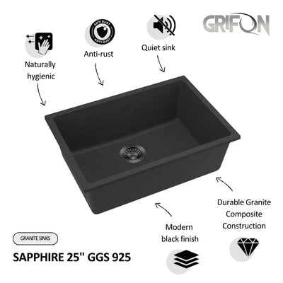 SAPPHIRE  25"  GGS 925 - Granite Sink 25" - Single Bowl Undermount - Kitchen Sink