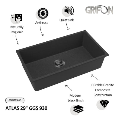 ATLAS 29"  GGS 930 - Granite Sink 29" - Single Bowl Undermount - Kitchen Sink