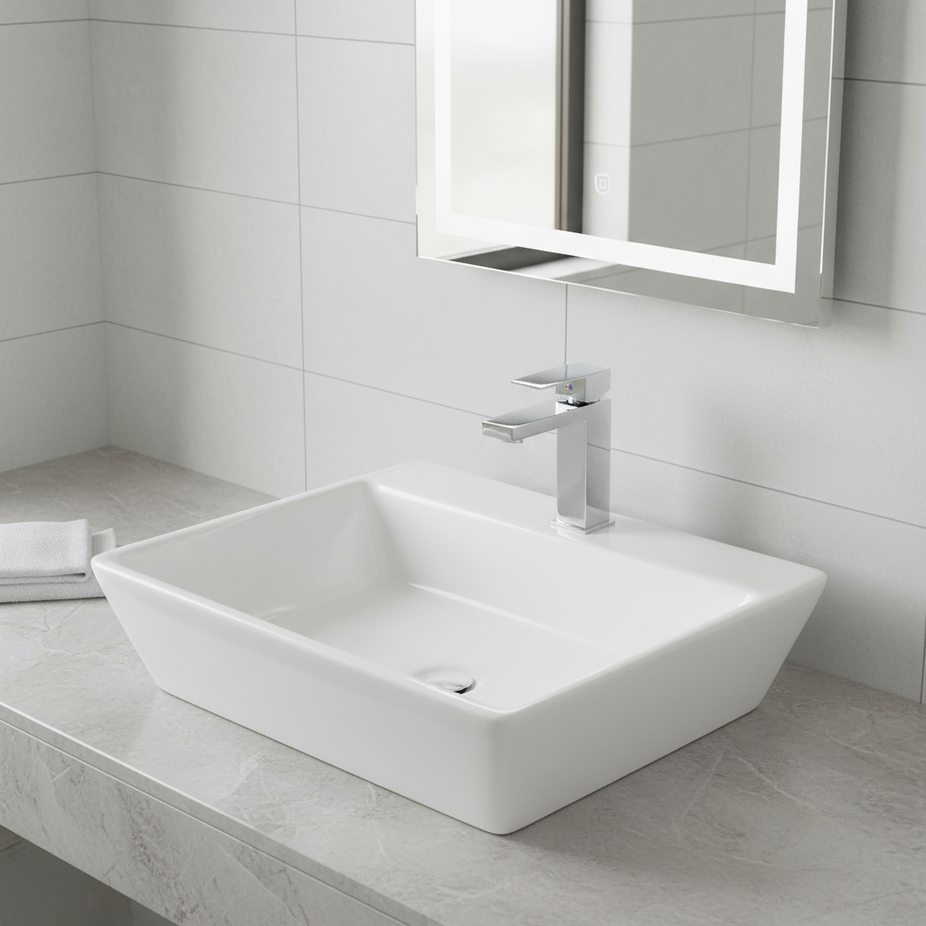 LISBON™ GSO389 – White Ceramic 23,2” -  Funnel square white sink for 1 hole tap -  Bathroom Sink
