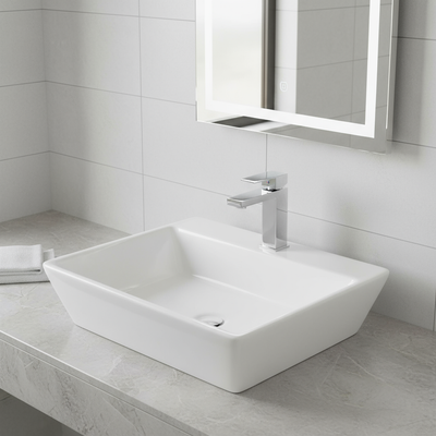 LISBON™ GSO389 – White Ceramic 23,2” -  Funnel square white sink for 1 hole tap -  Bathroom Sink
