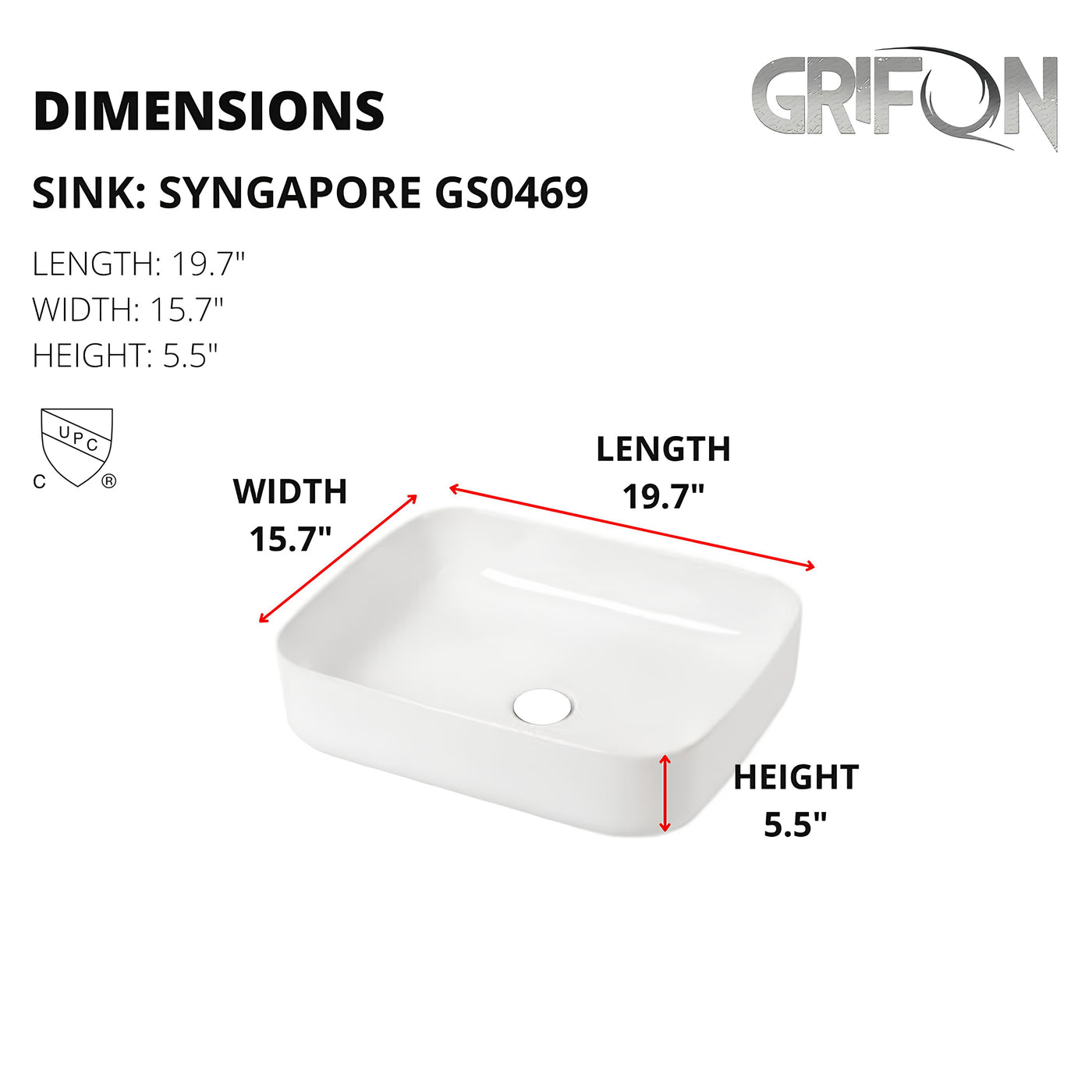 Singapore™ GS0469 – White Ceramic 19,7” - Rectangular Vessel sink-  Bathroom Sink