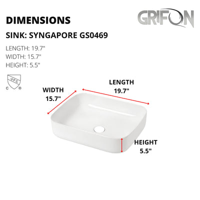 Singapore™ GS0469 – White Ceramic 19,7” - Rectangular Vessel sink-  Bathroom Sink