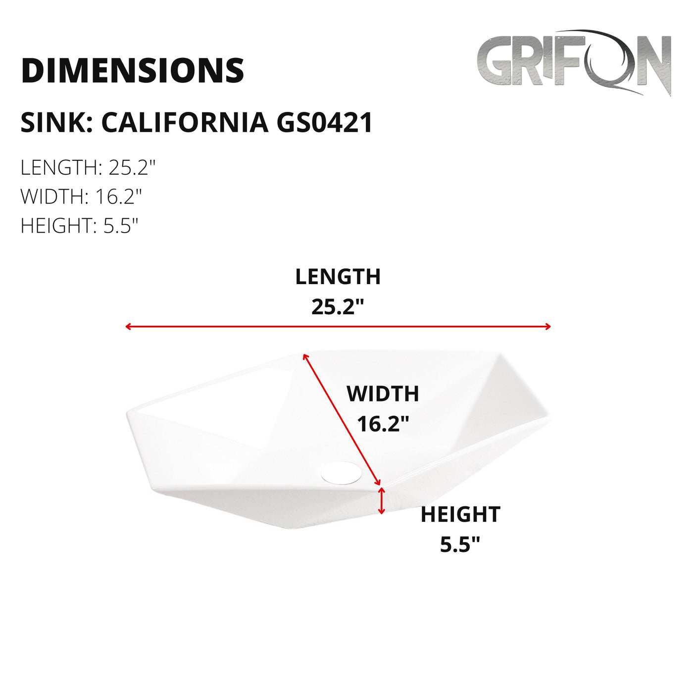 California™ GS0421 – White Ceramic 25.2” Hexagonal Vessel Sink -  Bathroom Sink