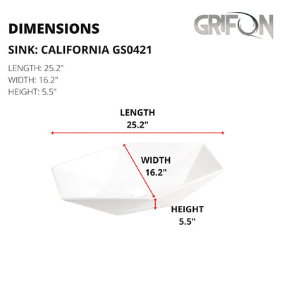 California™ GS0421 – White Ceramic 25.2” Hexagonal Vessel Sink -  Bathroom Sink