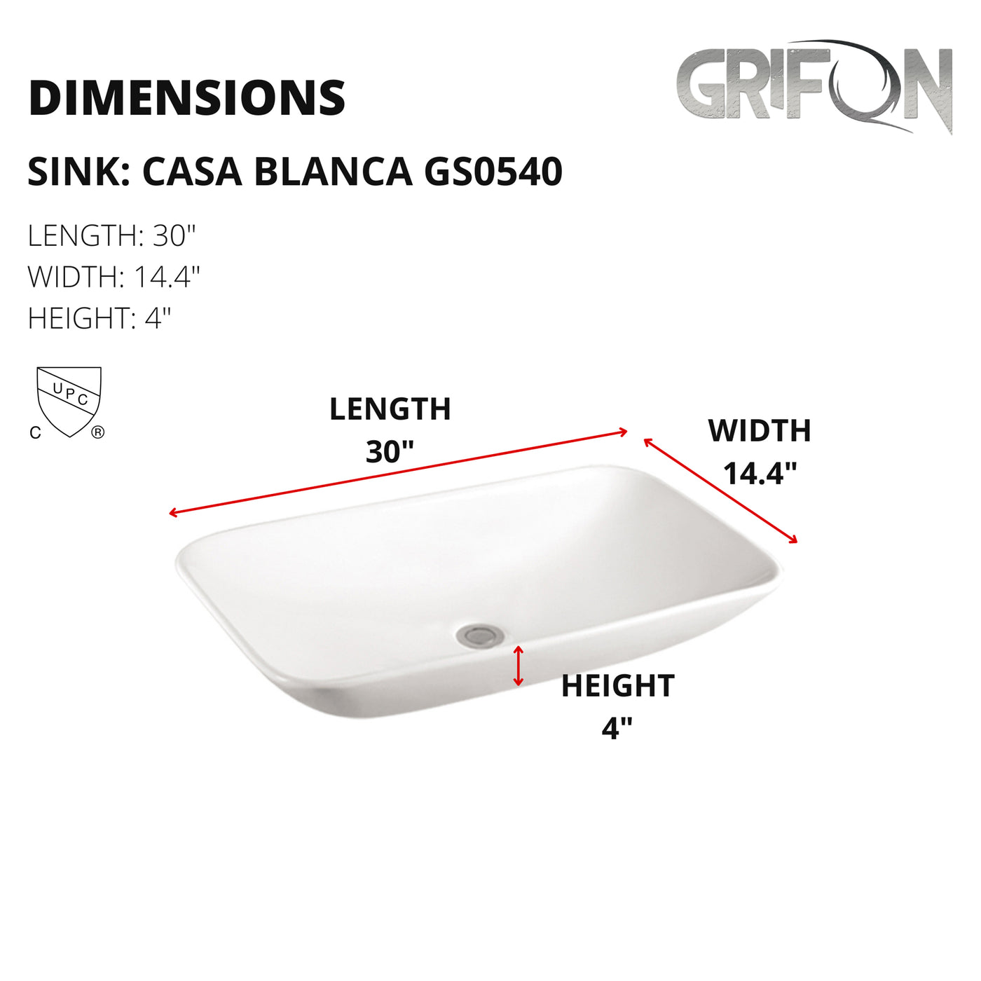 Casa Blanca™ GS0540 – White Ceramic 30” - Rectangular Vessel Sink -  Bathroom Sink