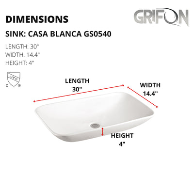 Casa Blanca™ GS0540 – White Ceramic 30” - Rectangular Vessel Sink -  Bathroom Sink