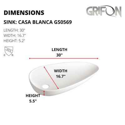 Casa Blanca™ GS0569 – White Ceramic 30” -Almond Shape Vessel Sink -  Bathroom Sink