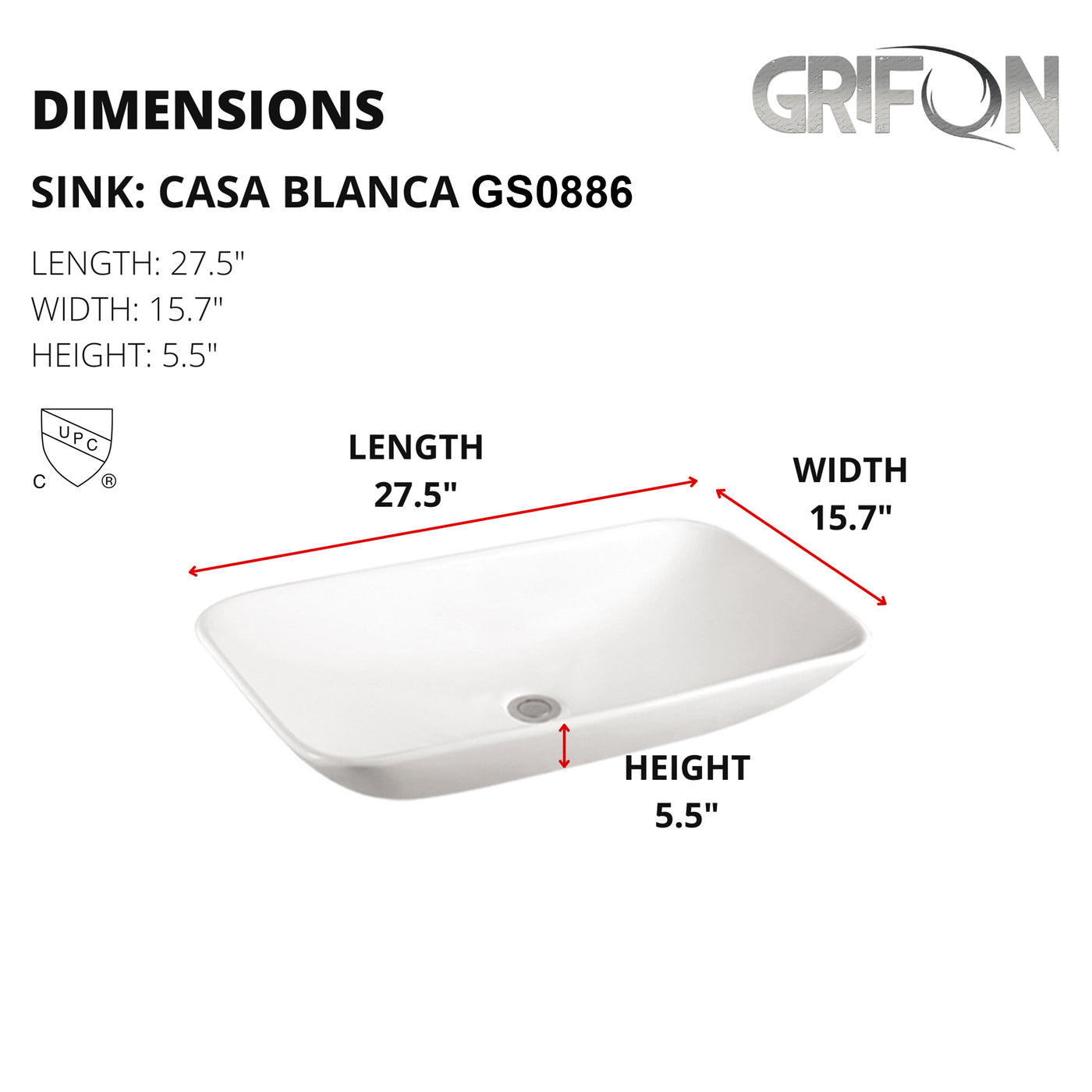 Casa Blanca™ GS0886 – White Ceramic 27.5” - Rectangular Vessel Sink -  Bathroom Sink