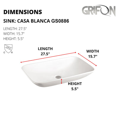 Casa Blanca™ GS0886 – White Ceramic 27.5” - Rectangular Vessel Sink -  Bathroom Sink