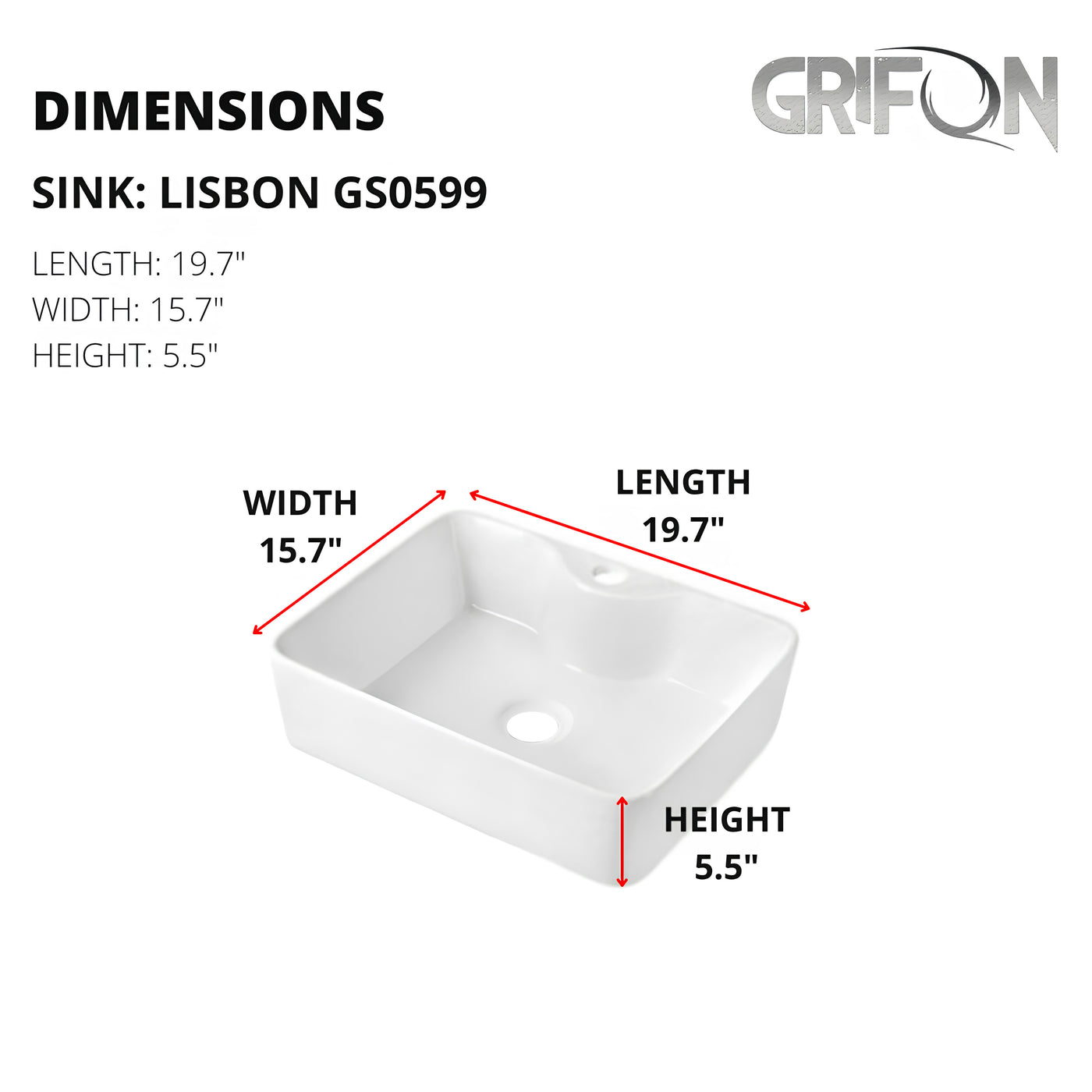 LISBON™ GS0599  – White Ceramic 19,7” - Rectangular Vessel sink  -  Bathroom Sink