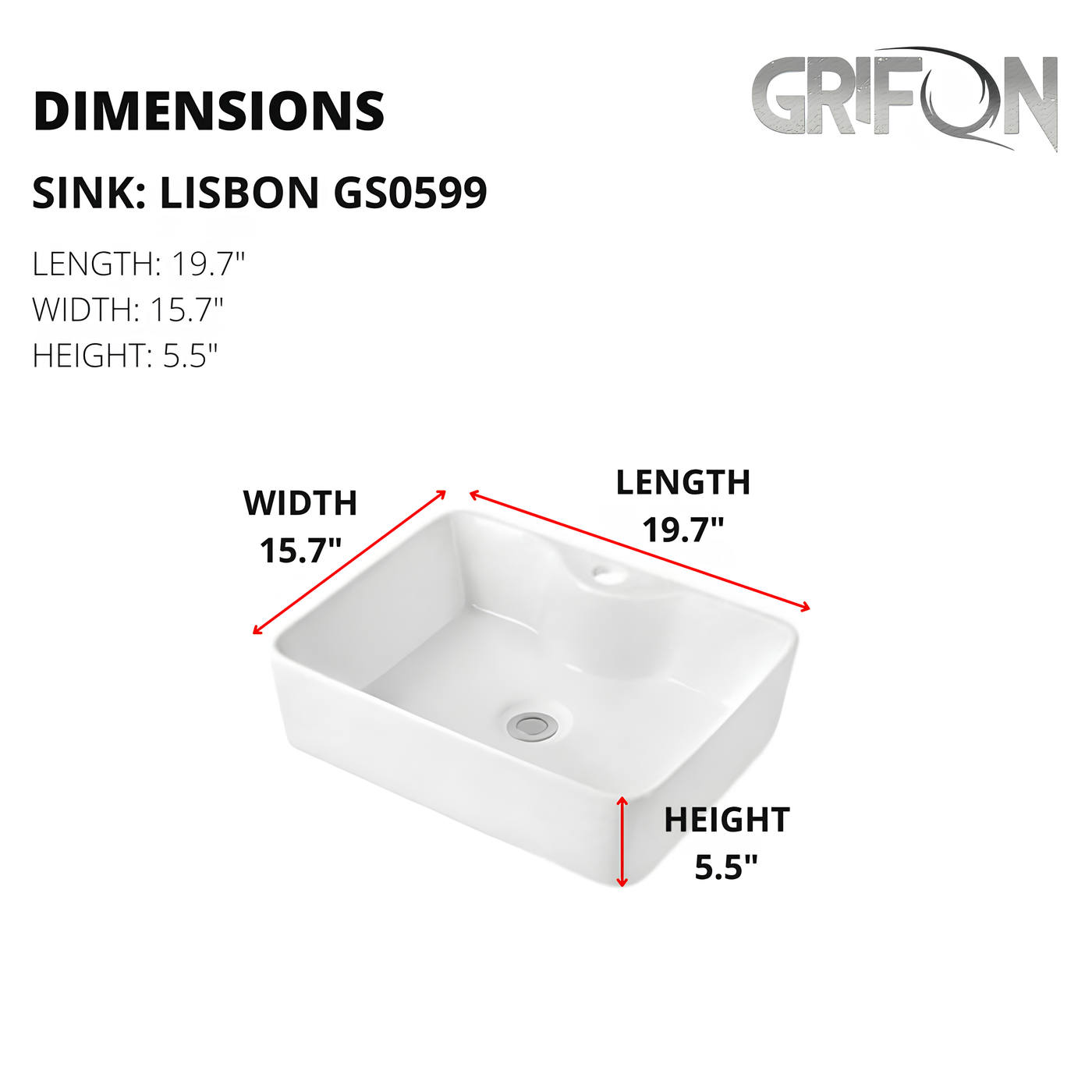 LISBON™ GS0599  – White Ceramic 19,7” - Rectangular Vessel sink  -  Bathroom Sink