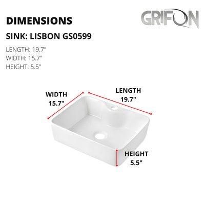 LISBON™ GS0599  – White Ceramic 19,7” - Rectangular Vessel sink  -  Bathroom Sink