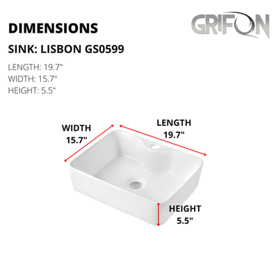 LISBON™ GS0599  – White Ceramic 19,7” - Rectangular Vessel sink  -  Bathroom Sink