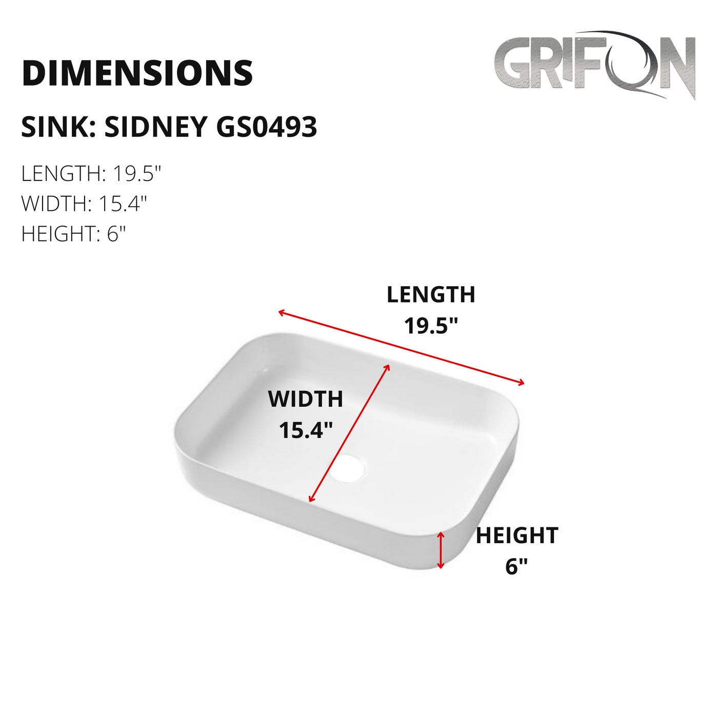 Sidney™ GS0493 Lavabo de salle de bain en céramique rectangulaire de 19,5 pouces en blanc