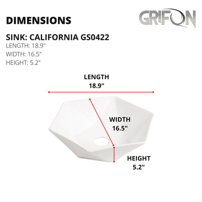 California™ GS0422 – White Ceramic 18,9” Hexagonal Vessel Sink -  Bathroom Sink
