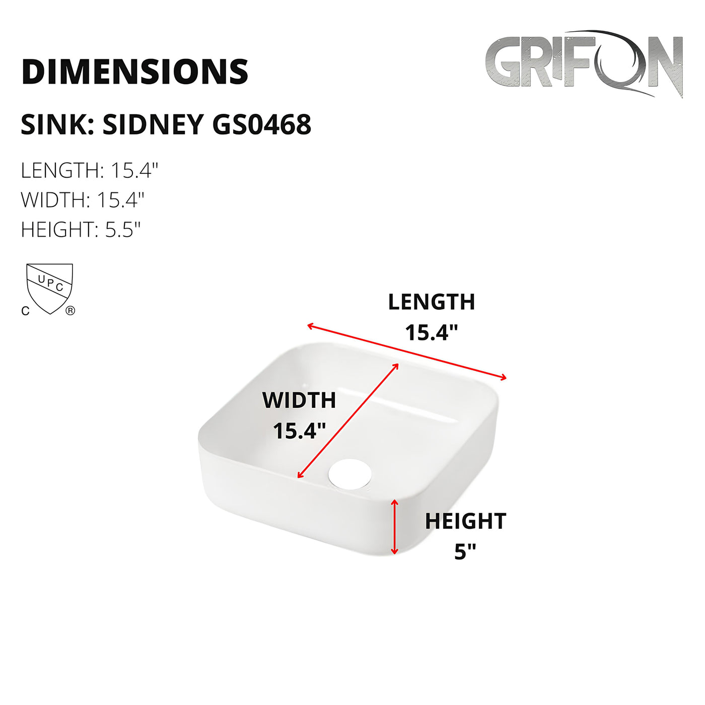 Sidney™ GS0468 – White Ceramic 15,4” - Square Vessel sink -  Bathroom Sink