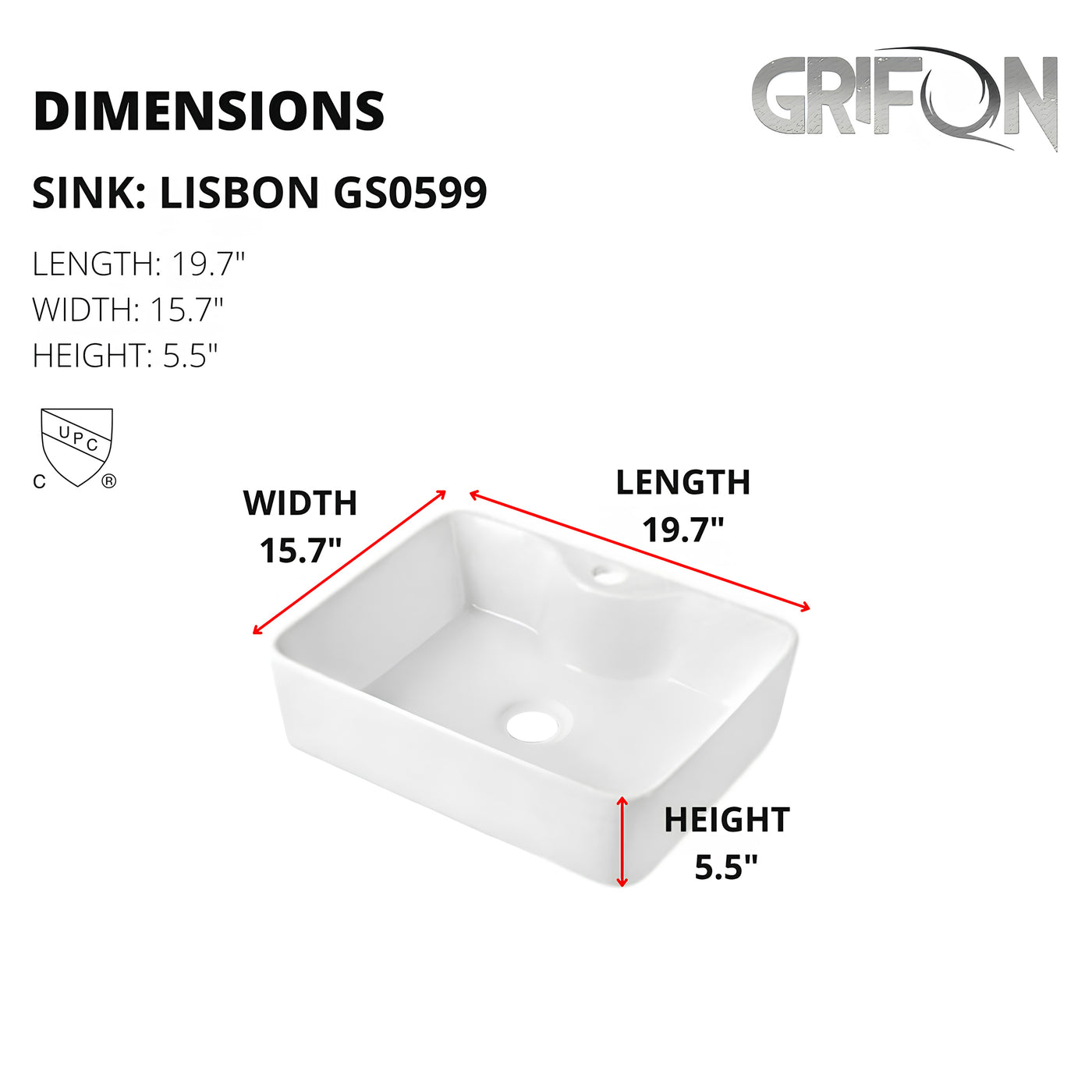 LISBON™ GS0599  – White Ceramic 19,7” - Rectangular Vessel sink  -  Bathroom Sink