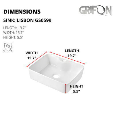 LISBON™ GS0599  – White Ceramic 19,7” - Rectangular Vessel sink  -  Bathroom Sink
