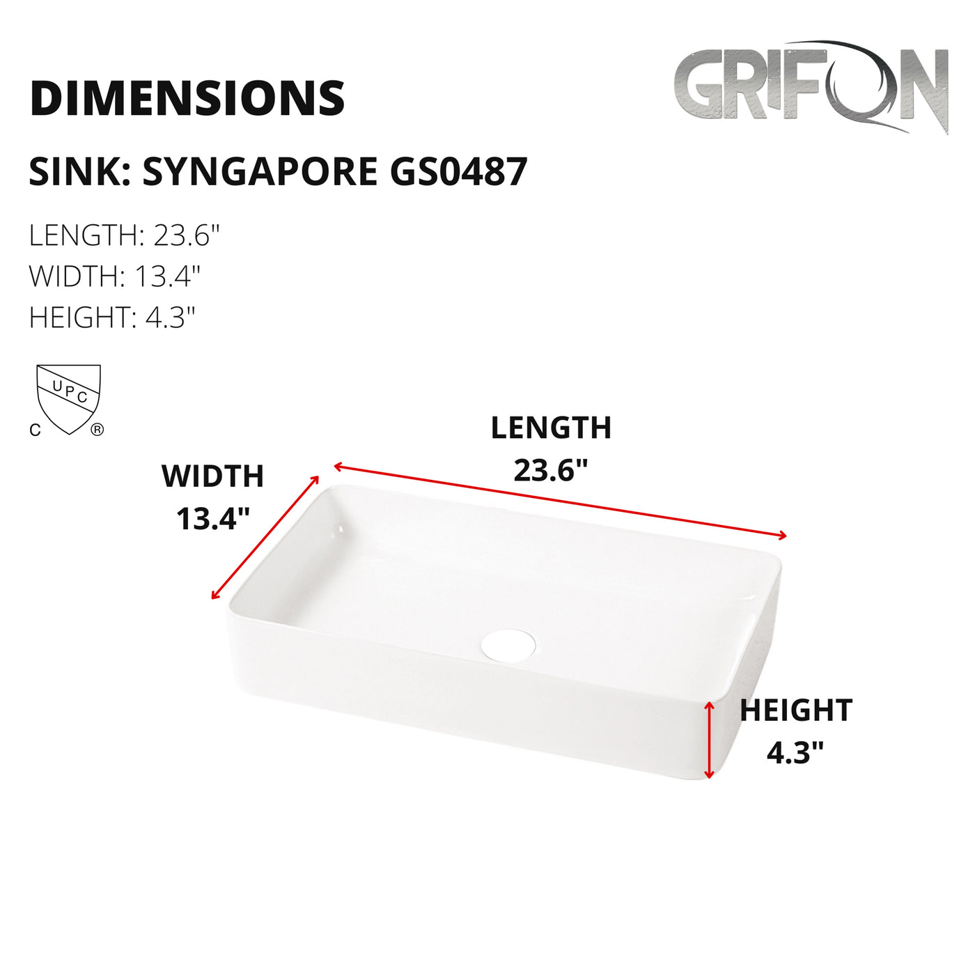 Singapore™ GS0487 – Rectangular Vessel Ceramic Bathroom Sink - 23,6"- White - Bathroom Sink