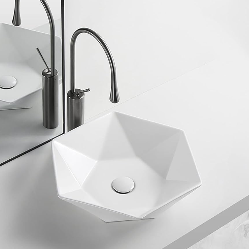 California™ GS0422 – White Ceramic 18,9” Hexagonal Vessel Sink -  Bathroom Sink