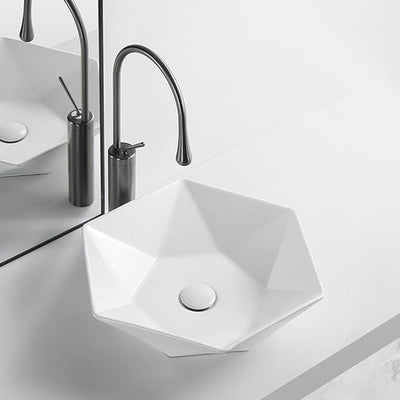California™ GS0422 – White Ceramic 18,9” Hexagonal Vessel Sink -  Bathroom Sink