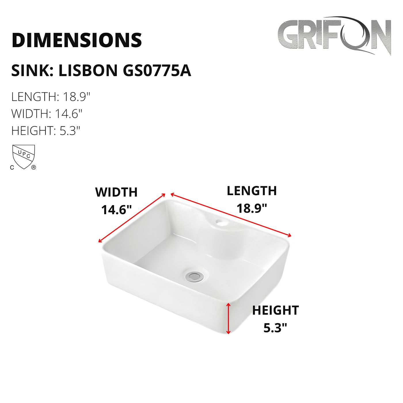 LISBON™ GS0775A  – White Ceramic 18,9” - Rectangular Vessel sink  -  Bathroom Sink