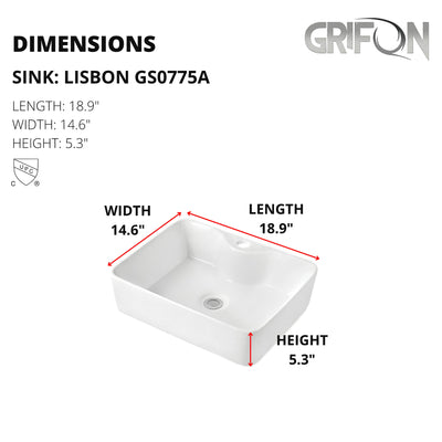 LISBON™ GS0775A  – White Ceramic 18,9” - Rectangular Vessel sink  -  Bathroom Sink