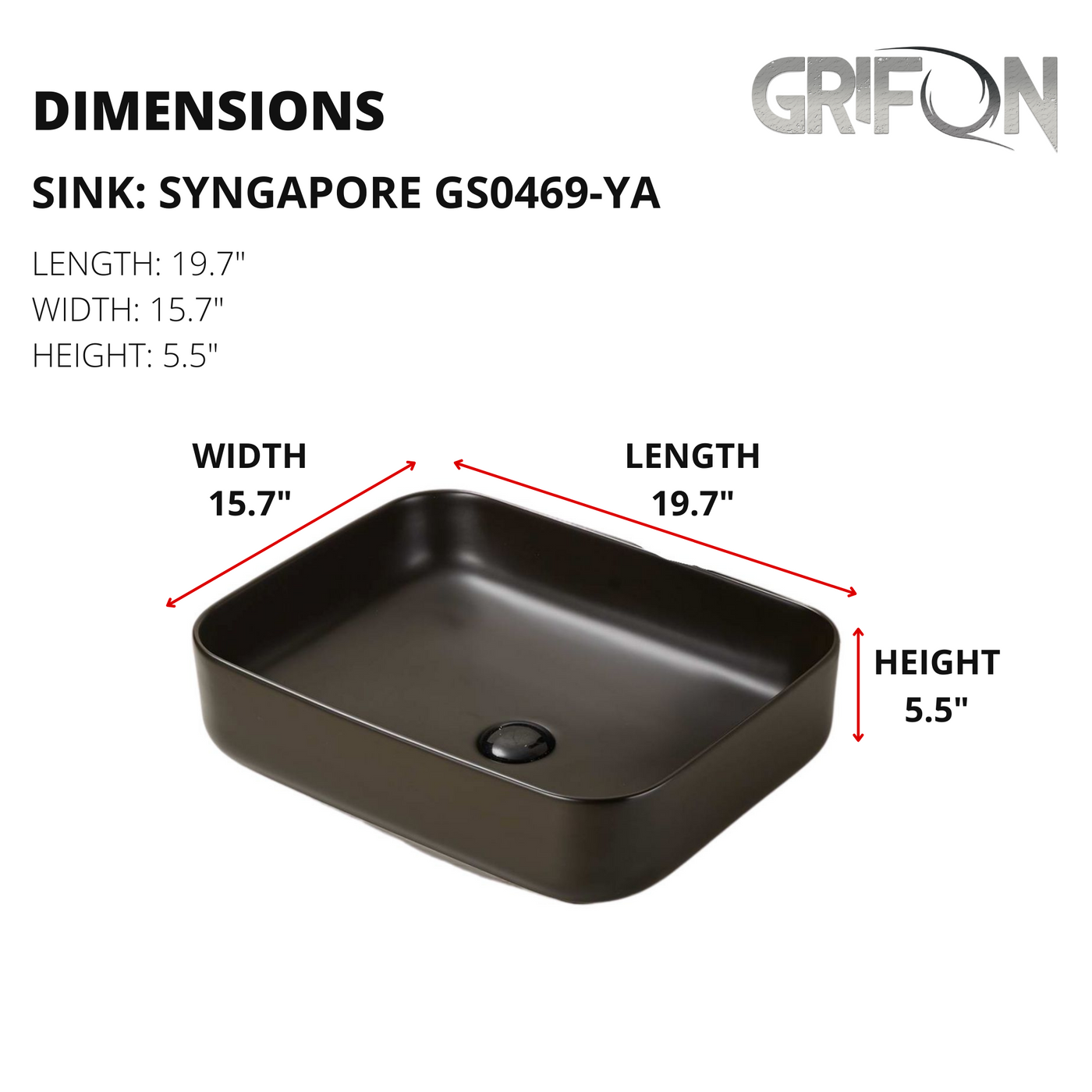 Singapore™ GS0469-YA – Rectangular Vessel Ceramic Bathroom Sink - 19,7"- Black - Bathroom Sink