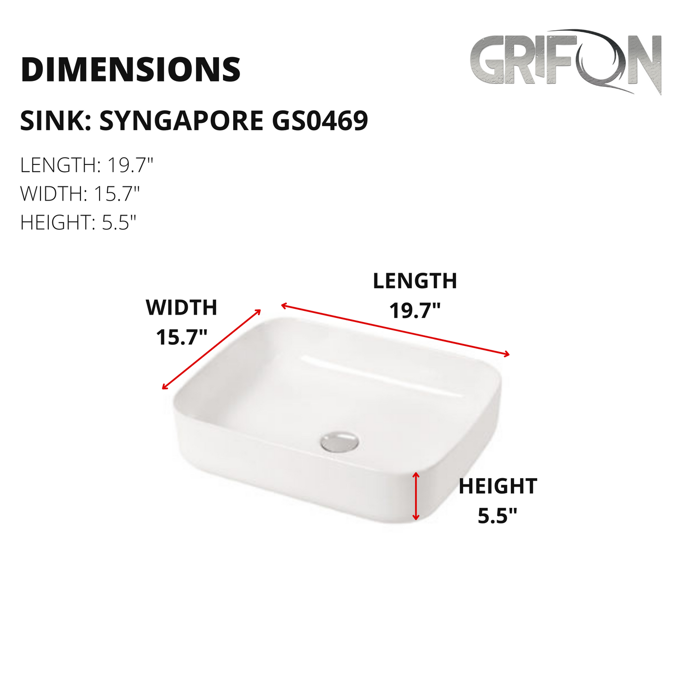 Singapore™ GS0469 – White Ceramic 19,7” - Rectangular Vessel sink-  Bathroom Sink