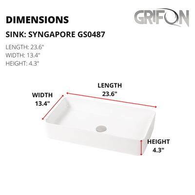 Singapore™ GS0487 – Rectangular Vessel Ceramic Bathroom Sink - 23,6"- White - Bathroom Sink