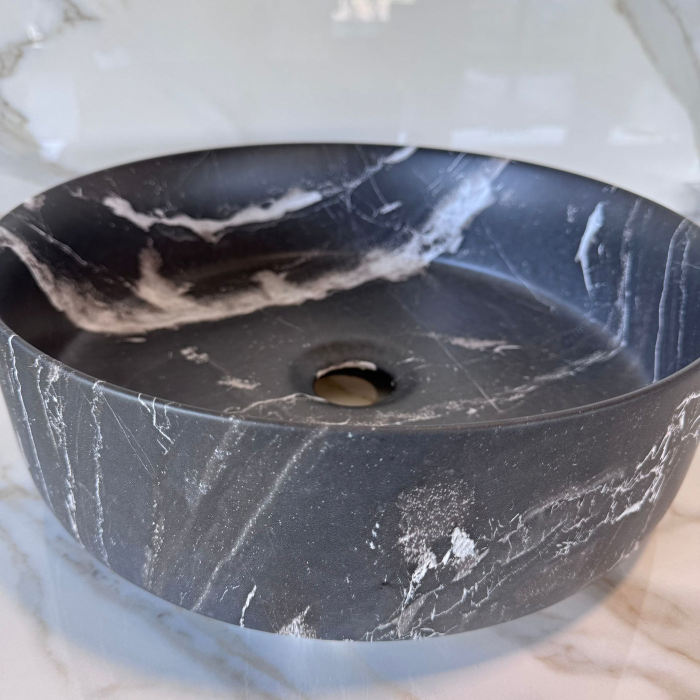 SIDNEY™GSO499 – Round Vessel Ceramic Bathroom Sink - 15"- Black marble & Grey - Bathroom Sink