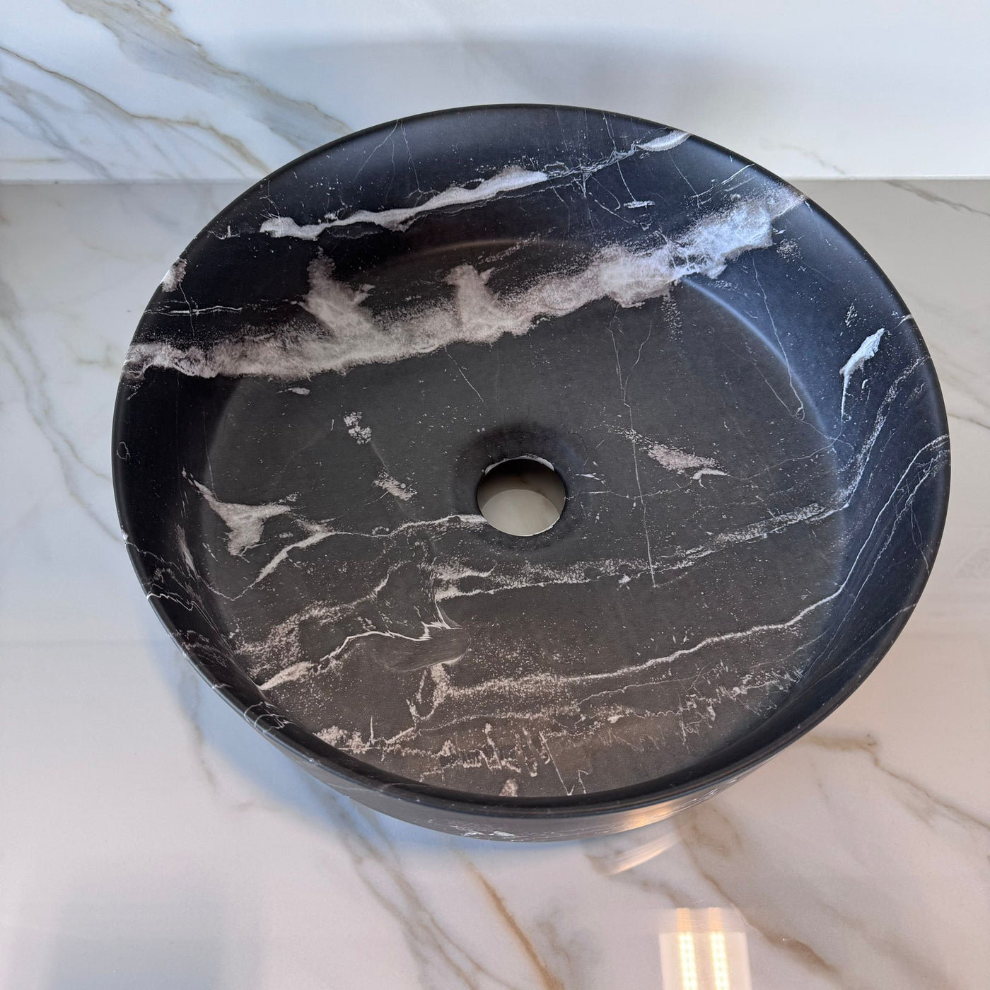 SIDNEY™GSO499 – Round Vessel Ceramic Bathroom Sink - 15"- Black marble & Grey - Bathroom Sink