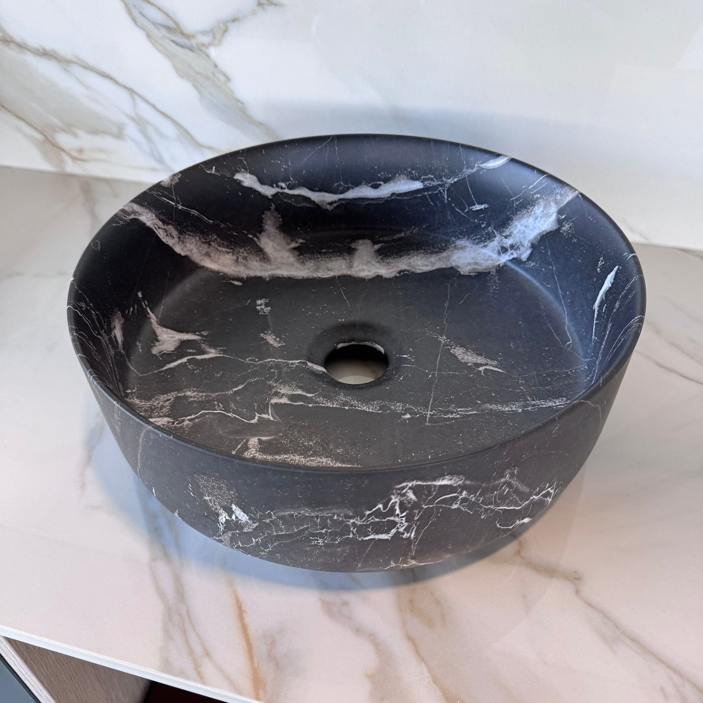 SIDNEY™GSO499 – Round Vessel Ceramic Bathroom Sink - 15"- Black marble & Grey - Bathroom Sink