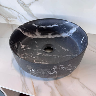 SIDNEY™GSO499 – Round Vessel Ceramic Bathroom Sink - 15"- Black marble & Grey - Bathroom Sink
