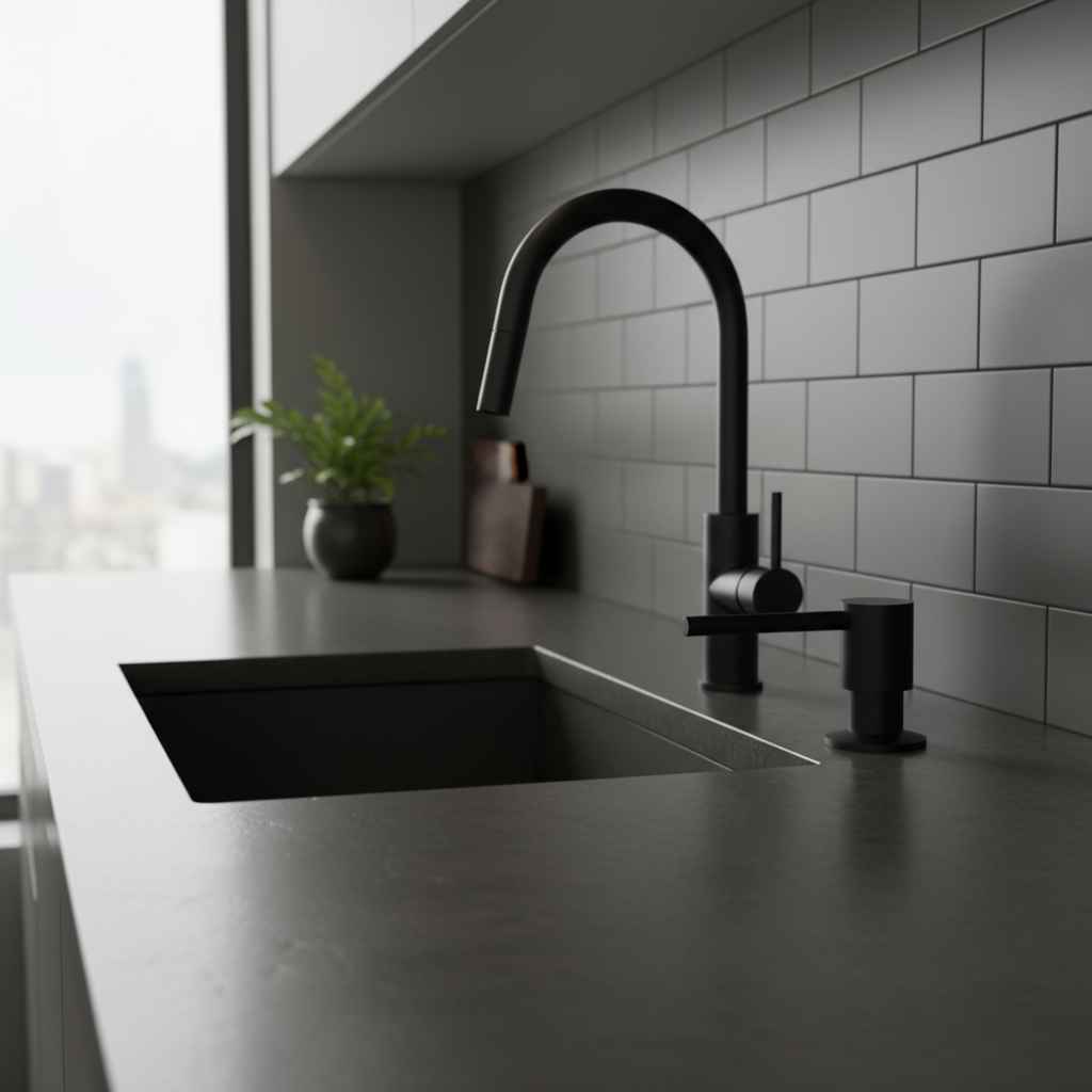 Modern kitchen with black faucet and sink against a white tiled wall.