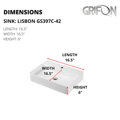 LISBON™ GS397C-42 – White Ceramic 16,5” - Rectangular Drop-in sink-  Bathroom Sink