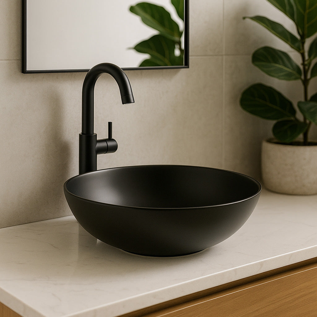 SIDNEY™GSO601C-YA – Round Vessel Ceramic Bathroom Sink - 16"- Black - Bathroom Sink